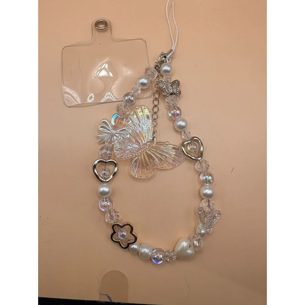White Butterfly Beaded Phone Lanyard